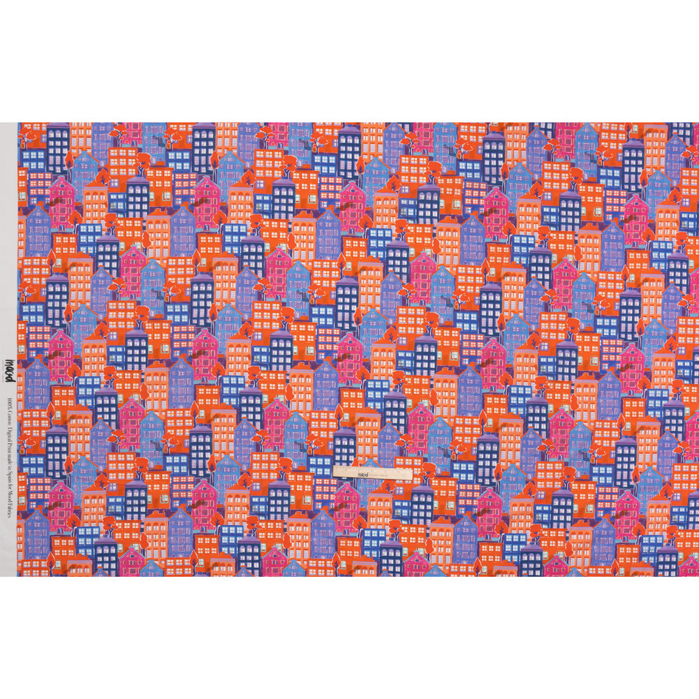 Cotton Voile - Purple, Orange and Blue Houses - Sunlit City Print - Mood Exclusive Chariot Collection - Full Cotton Voile - Purple, Orange and Blue Houses - Sunlit City Print - Mood Exclusive Chariot Collection - Full