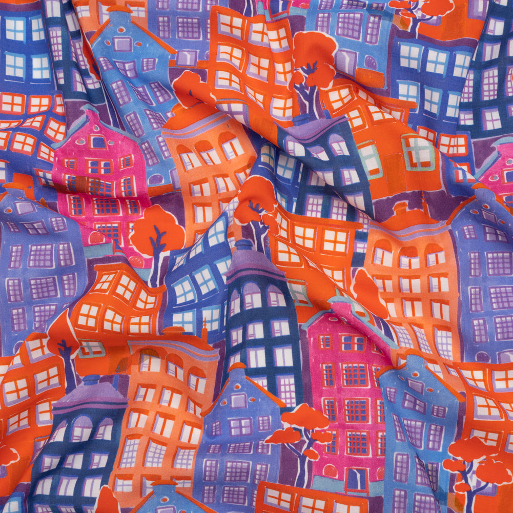 Cotton Voile - Purple, Orange and Blue Houses - Sunlit City Print - Mood Exclusive Chariot Collection Cotton Voile - Purple, Orange and Blue Houses - Sunlit City Print - Mood Exclusive Chariot Collection
