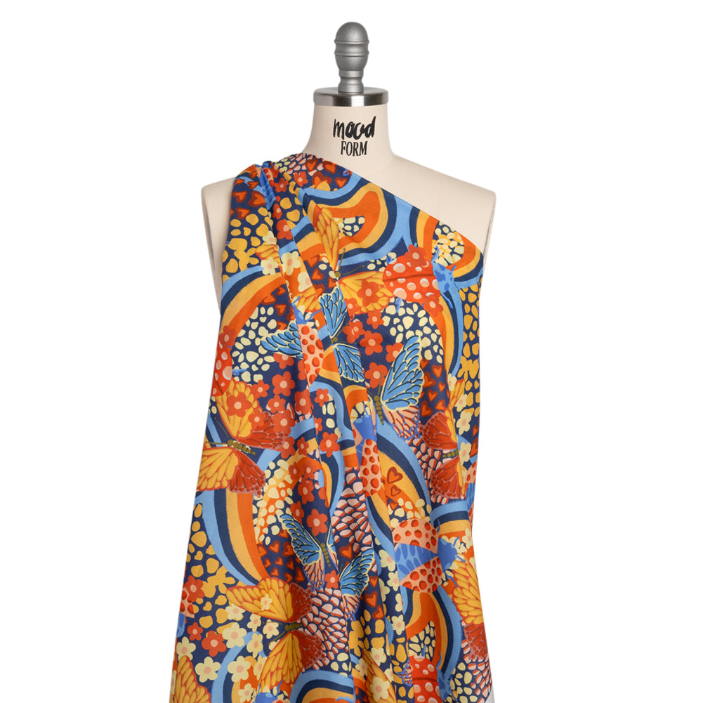Cotton Voile - Orange and Blue Butterflies and Doodles - Sunbeam Garden Print - Mood Exclusive Chariot Collection - Drape Cotton Voile - Orange and Blue Butterflies and Doodles - Sunbeam Garden Print - Mood Exclusive Chariot Collection - Drape