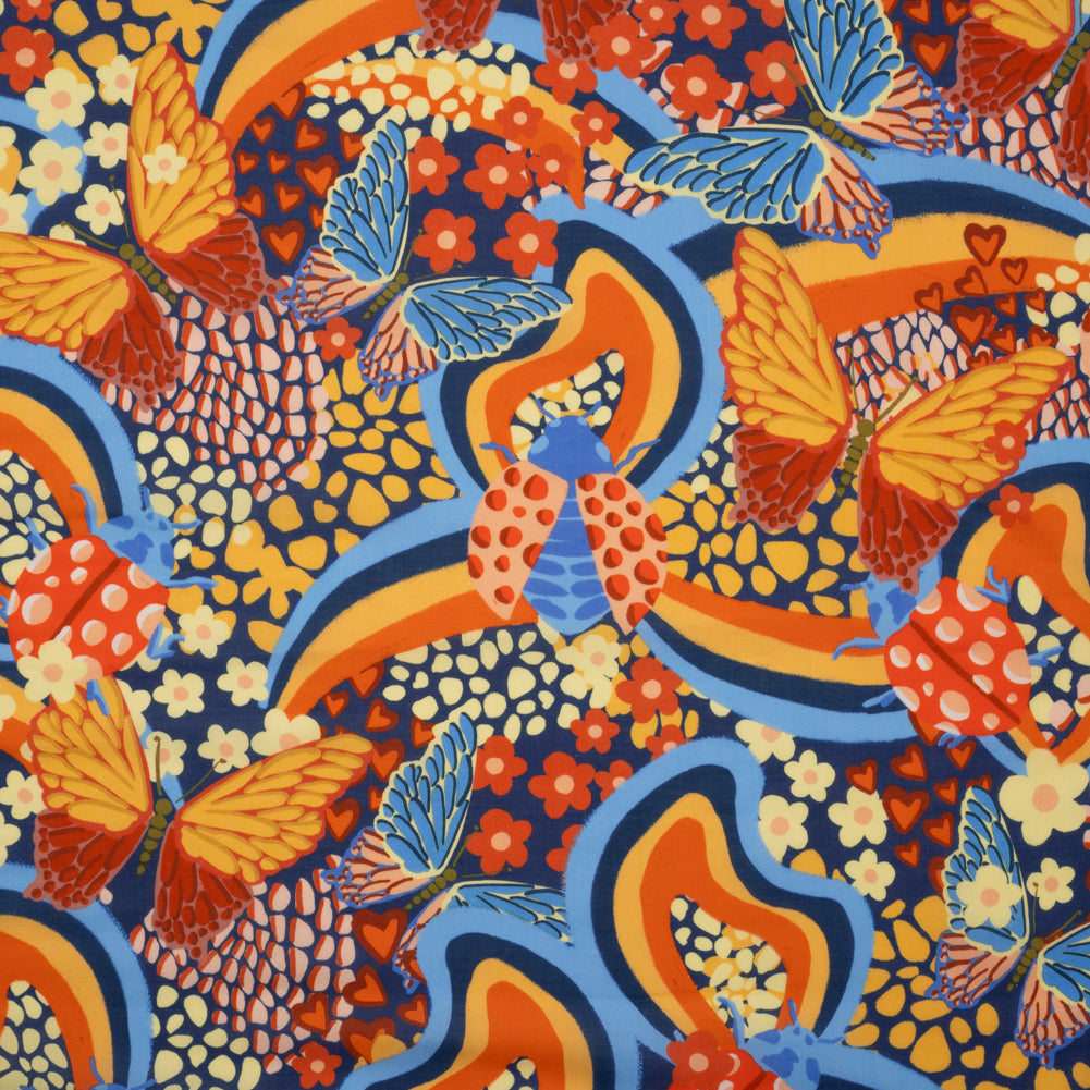 Cotton Voile - Orange and Blue Butterflies and Doodles - Sunbeam Garden Print - Mood Exclusive Chariot Collection Cotton Voile - Orange and Blue Butterflies and Doodles - Sunbeam Garden Print - Mood Exclusive Chariot Collection