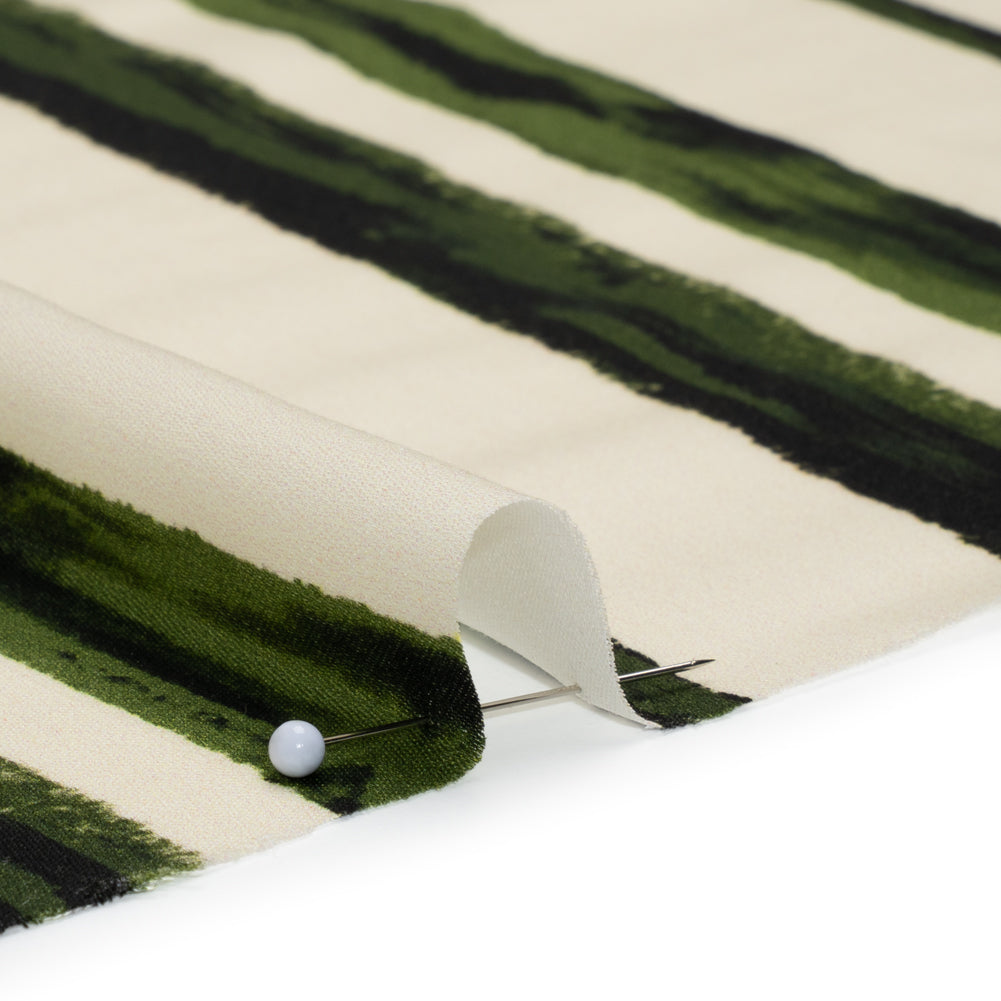 Rayon Challis - Cream and Green Painted Stripes - Verdant Trail Print - Mood Exclusive Acadia Collection - Detail Rayon Challis - Cream and Green Painted Stripes - Verdant Trail Print - Mood Exclusive Acadia Collection - Detail
