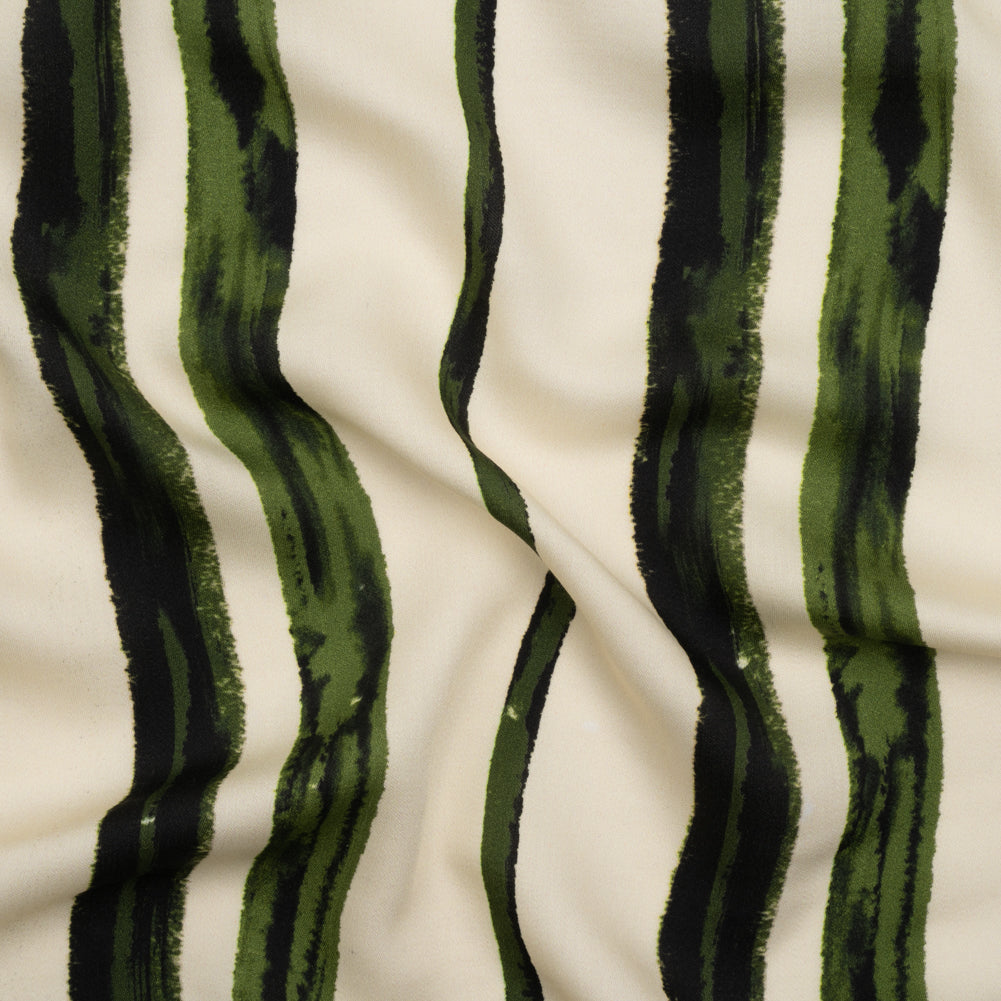 Rayon Challis - Cream and Green Painted Stripes - Verdant Trail Print - Mood Exclusive Acadia Collection Rayon Challis - Cream and Green Painted Stripes - Verdant Trail Print - Mood Exclusive Acadia Collection