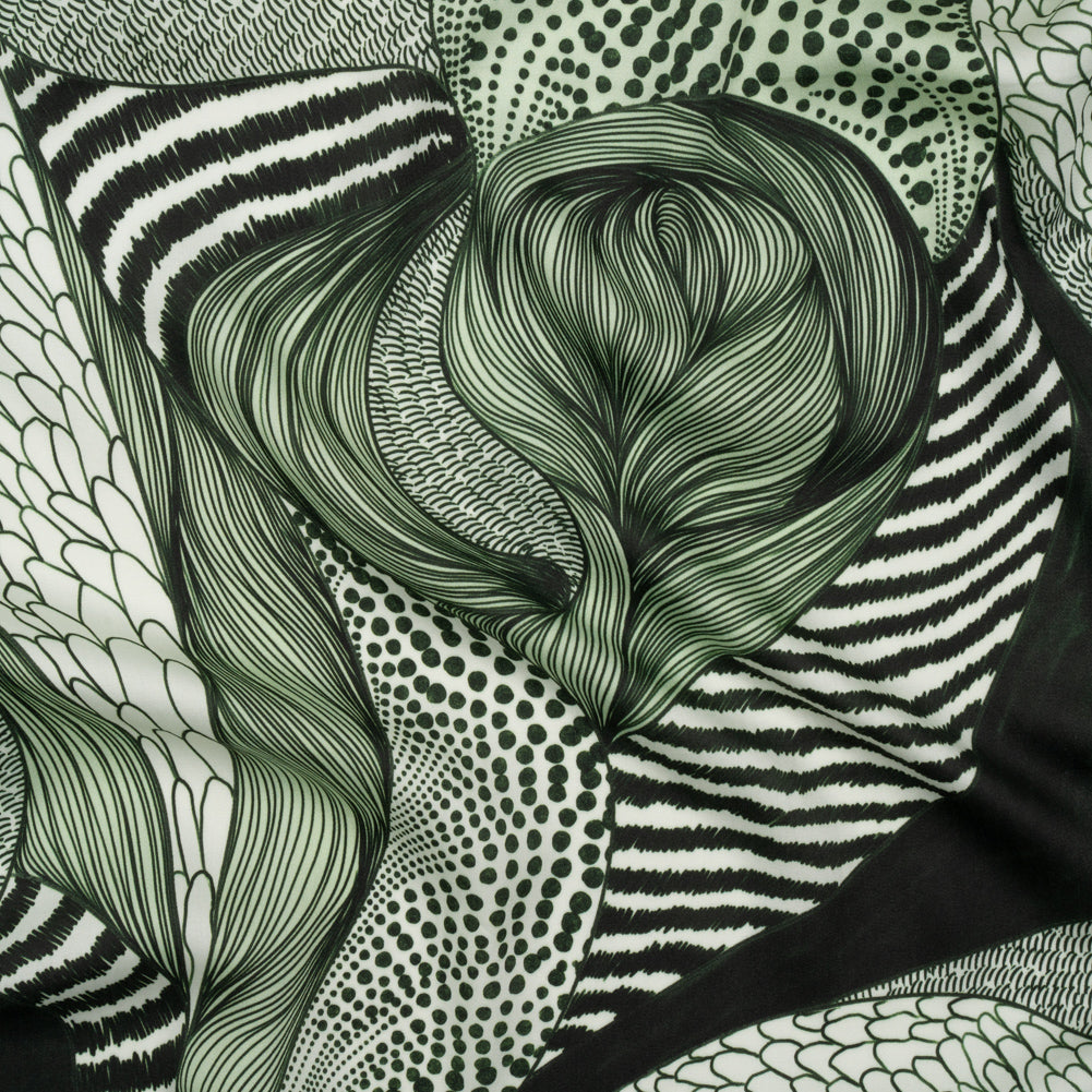 Rayon Challis - Dark Green and White Doodled Patterns - Forest Fantasy Print - Mood Exclusive Acadia Collection Rayon Challis - Dark Green and White Doodled Patterns - Forest Fantasy Print - Mood Exclusive Acadia Collection