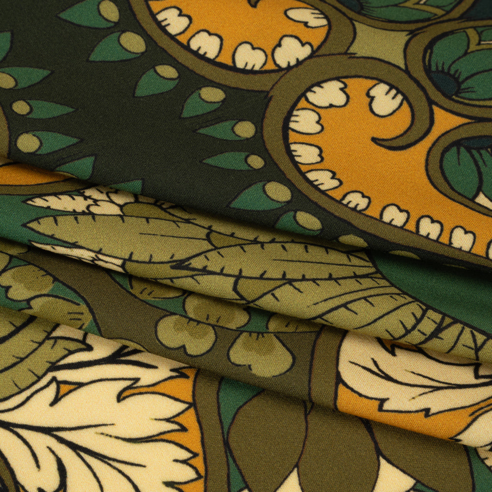 Rayon Challis - Olive Green, Teal and Mango Orange Wavy Floral Stripes - Nymph’s Harvest Print - Mood Exclusive Acadia Collection - Folded Rayon Challis - Olive Green, Teal and Mango Orange Wavy Floral Stripes - Nymph’s Harvest Print - Mood Exclusive Acadia Collection - Folded