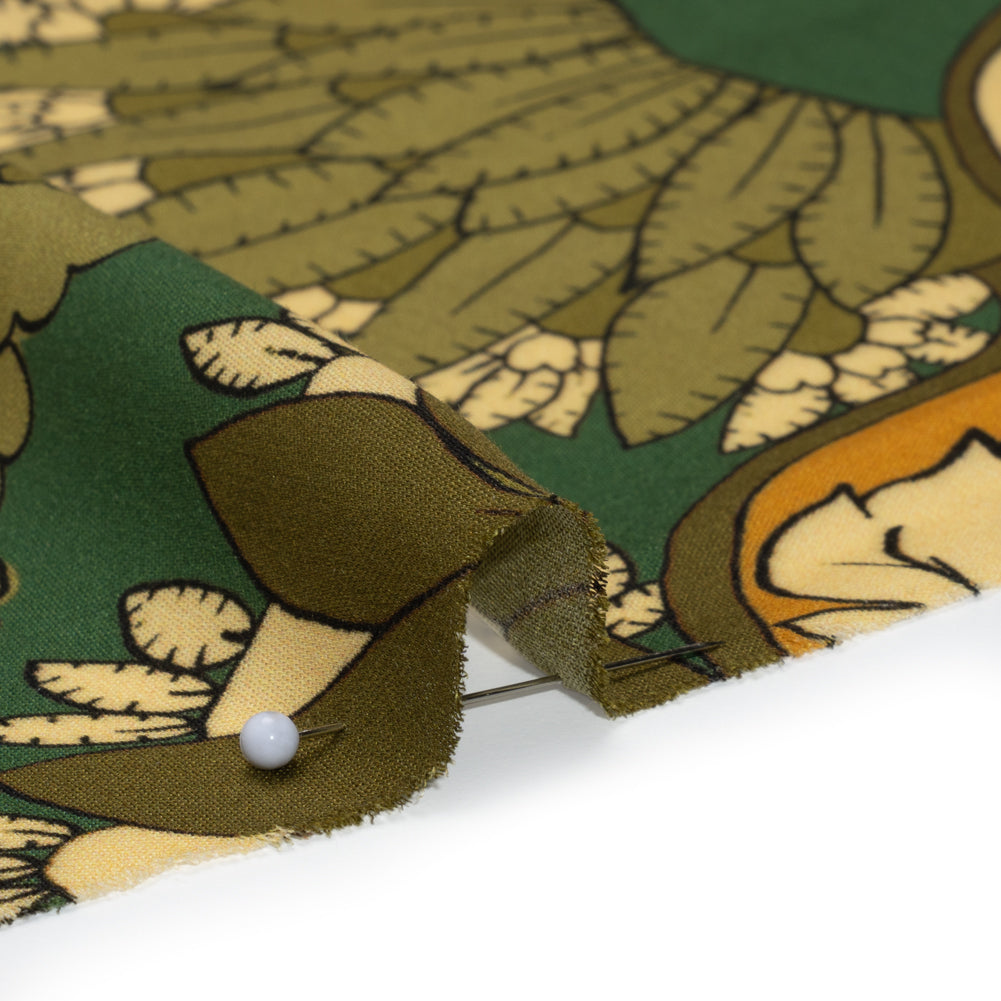 Rayon Challis - Olive Green, Teal and Mango Orange Wavy Floral Stripes - Nymph’s Harvest Print - Mood Exclusive Acadia Collection - Detail Rayon Challis - Olive Green, Teal and Mango Orange Wavy Floral Stripes - Nymph’s Harvest Print - Mood Exclusive Acadia Collection - Detail