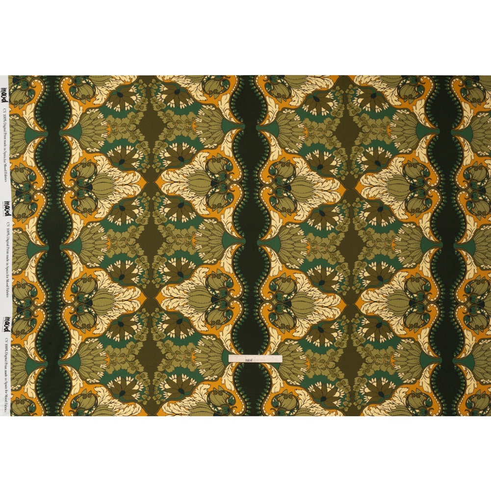 Rayon Challis - Olive Green, Teal and Mango Orange Wavy Floral Stripes - Nymph’s Harvest Print - Mood Exclusive Acadia Collection - Full Rayon Challis - Olive Green, Teal and Mango Orange Wavy Floral Stripes - Nymph’s Harvest Print - Mood Exclusive Acadia Collection - Full