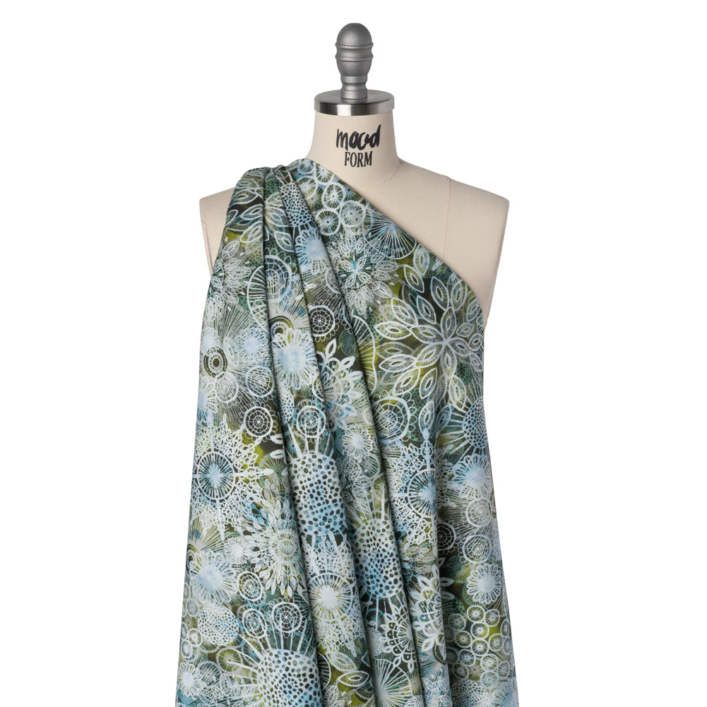 Stretch Cotton Sateen - Olive Green, Sky Blue and White Flowers and Circles - Kaleidoscope Sunbeam Print - Mood Exclusive Acadia Collection Drape Stretch Cotton Sateen - Olive Green, Sky Blue and White Flowers and Circles - Kaleidoscope Sunbeam Print - Mood Exclusive Acadia Collection Drape