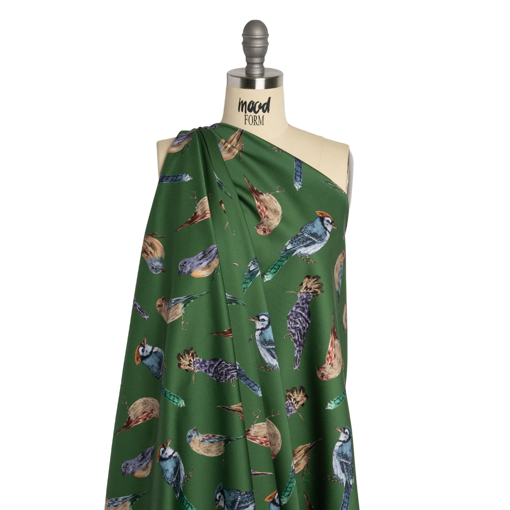 Stretch Cotton Sateen - Green, Blue and Beige Little Birds - Birdsong Saunter Print - Mood Exclusive Acadia Collection - Drape Stretch Cotton Sateen - Green, Blue and Beige Little Birds - Birdsong Saunter Print - Mood Exclusive Acadia Collection - Drape