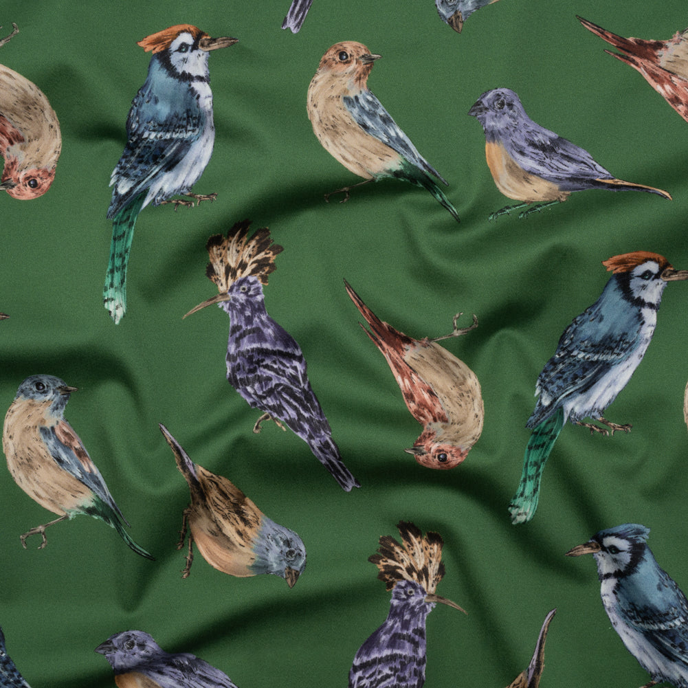 Stretch Cotton Sateen - Green, Blue and Beige Little Birds - Birdsong Saunter Print - Mood Exclusive Acadia Collection Stretch Cotton Sateen - Green, Blue and Beige Little Birds - Birdsong Saunter Print - Mood Exclusive Acadia Collection
