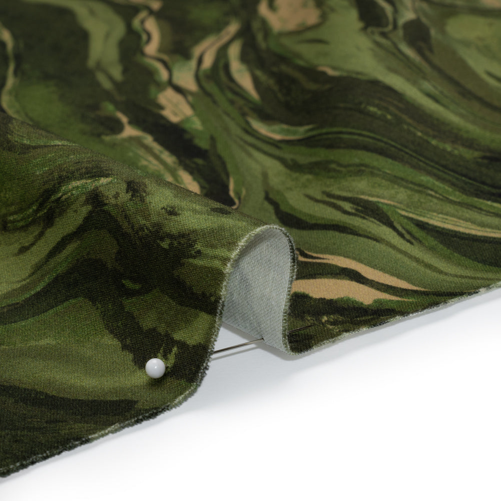 Stretch Cotton Sateen - Green and Beige Abstract Swirls - Painter’s Pond Print - Mood Exclusive Acadia Collection - Detail Stretch Cotton Sateen - Green and Beige Abstract Swirls - Painter’s Pond Print - Mood Exclusive Acadia Collection - Detail