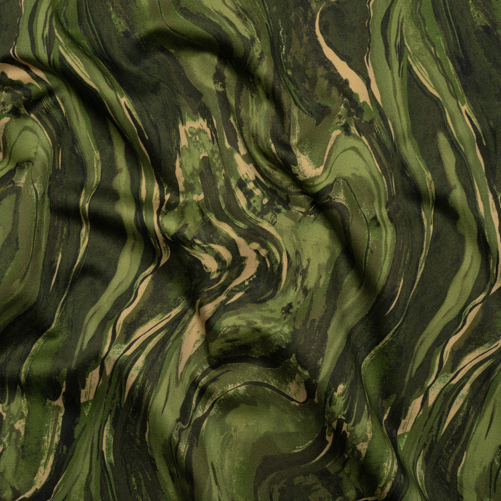 Stretch Cotton Sateen - Green and Beige Abstract Swirls - Painter’s Pond Print - Mood Exclusive Acadia Collection Stretch Cotton Sateen - Green and Beige Abstract Swirls - Painter’s Pond Print - Mood Exclusive Acadia Collection
