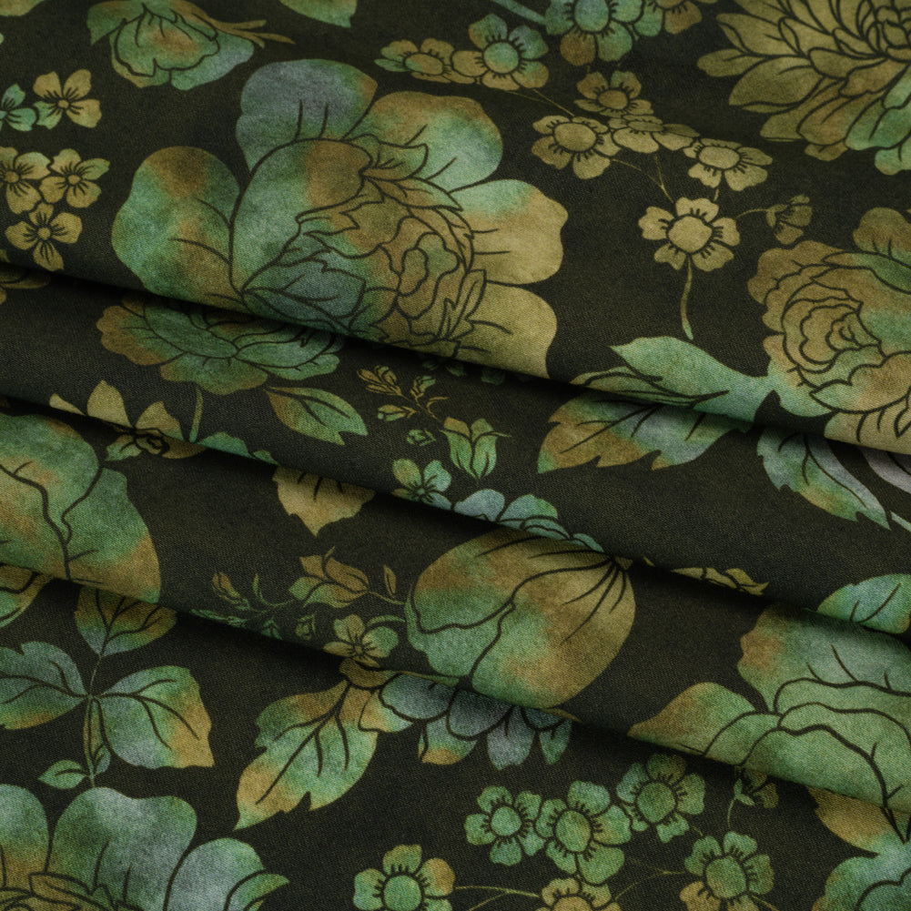 Stretch Cotton Sateen - Green, Olive and Navy Floral - Secret Garden Print - Mood Exclusive Acadia Collection - Folded Stretch Cotton Sateen - Green, Olive and Navy Floral - Secret Garden Print - Mood Exclusive Acadia Collection - Folded
