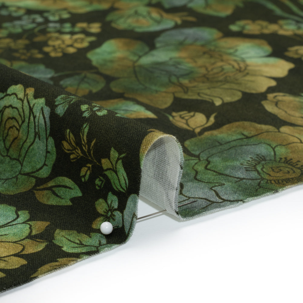 Stretch Cotton Sateen - Green, Olive and Navy Floral - Secret Garden Print - Mood Exclusive Acadia Collection - Detail Stretch Cotton Sateen - Green, Olive and Navy Floral - Secret Garden Print - Mood Exclusive Acadia Collection - Detail