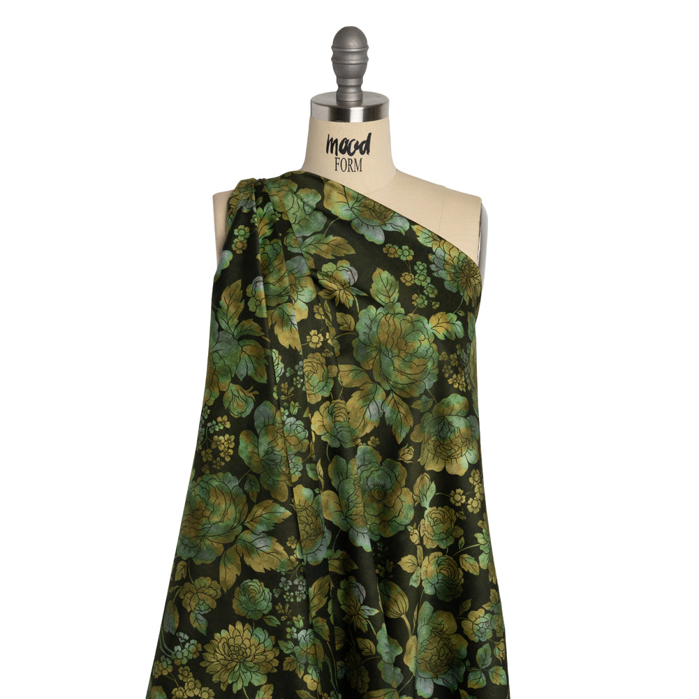 Stretch Cotton Sateen - Green, Olive and Navy Floral - Secret Garden Print - Mood Exclusive Acadia Collection - Drape Stretch Cotton Sateen - Green, Olive and Navy Floral - Secret Garden Print - Mood Exclusive Acadia Collection - Drape
