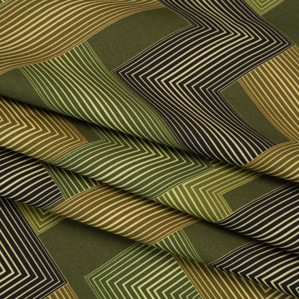 Stretch Cotton Sateen - Olive and Hunter Green Geometric Lines - Hedge Maze Print - Mood Exclusive Acadia Collection - Folded Stretch Cotton Sateen - Olive and Hunter Green Geometric Lines - Hedge Maze Print - Mood Exclusive Acadia Collection - Folded