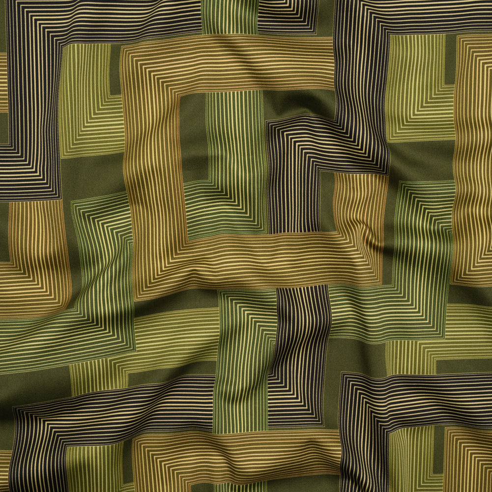 Stretch Cotton Sateen - Olive and Hunter Green Geometric Lines - Hedge Maze Print - Mood Exclusive Acadia Collection Stretch Cotton Sateen - Olive and Hunter Green Geometric Lines - Hedge Maze Print - Mood Exclusive Acadia Collection