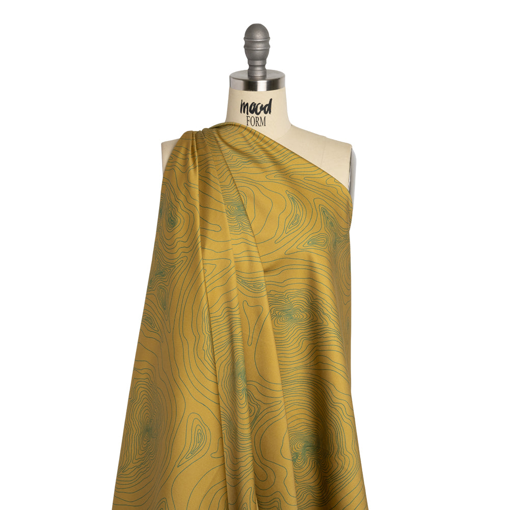 Stretch Cotton Sateen - Olive and Hunter Green Abstract Lines - Topographic Map Print - Mood Exclusive Acadia Collection - Drape Stretch Cotton Sateen - Olive and Hunter Green Abstract Lines - Topographic Map Print - Mood Exclusive Acadia Collection - Drape