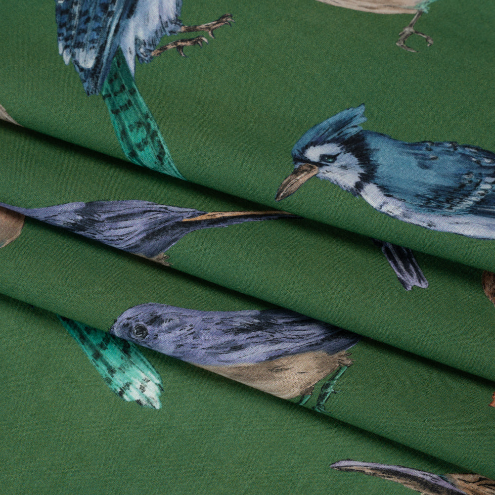 Cotton Voile - Green, Blue and Beige Little Birds - Birdsong Saunter Print - Mood Exclusive Acadia Collection - Folded Cotton Voile - Green, Blue and Beige Little Birds - Birdsong Saunter Print - Mood Exclusive Acadia Collection - Folded