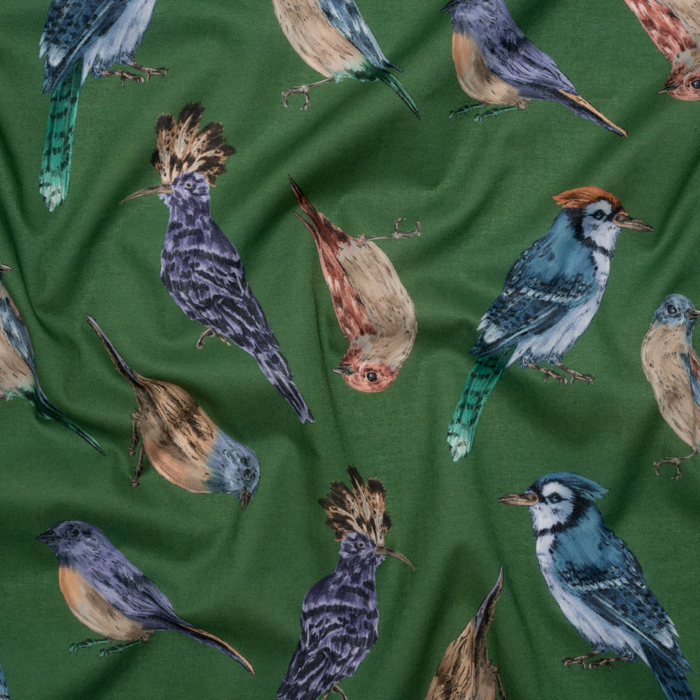 Cotton Voile - Green, Blue and Beige Little Birds - Birdsong Saunter Print - Mood Exclusive Acadia Collection Cotton Voile - Green, Blue and Beige Little Birds - Birdsong Saunter Print - Mood Exclusive Acadia Collection