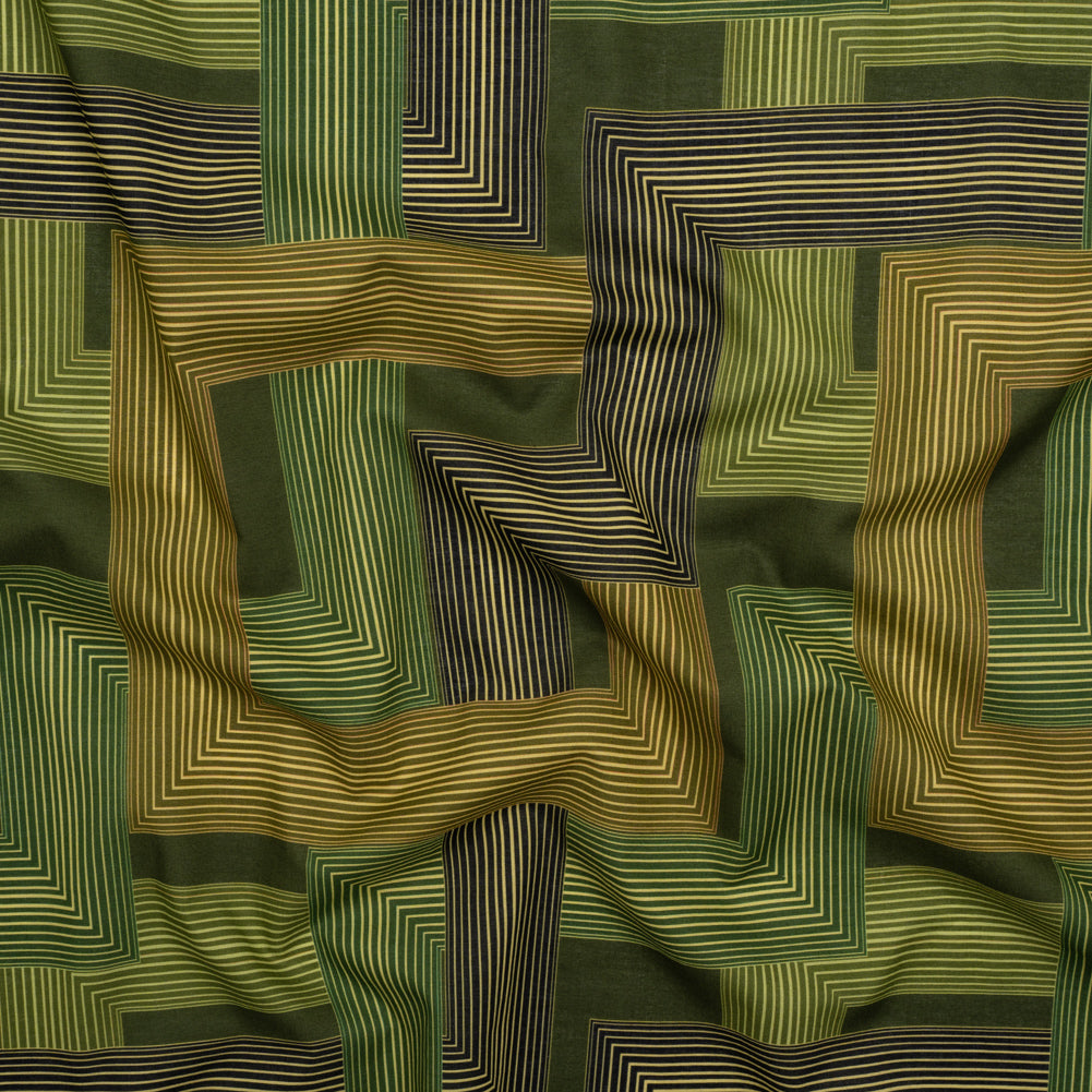 Cotton Voile - Olive and Hunter Green Geometric Lines - Hedge Maze Print - Mood Exclusive Acadia Collection Cotton Voile - Olive and Hunter Green Geometric Lines - Hedge Maze Print - Mood Exclusive Acadia Collection