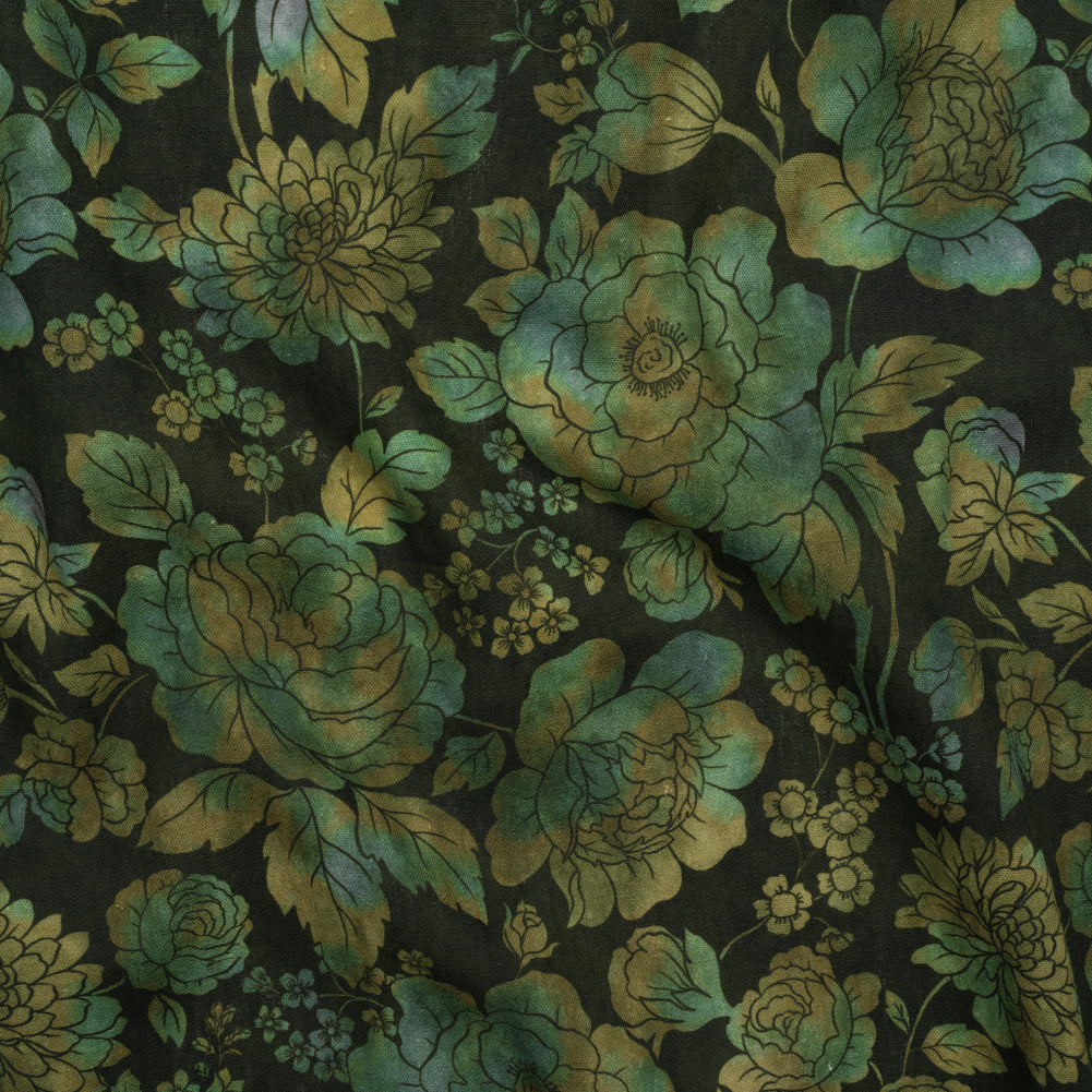 Linen and Rayon Woven - Green, Olive and Navy Floral - Secret Garden Print - Mood Exclusive Acadia Collection Linen and Rayon Woven - Green, Olive and Navy Floral - Secret Garden Print - Mood Exclusive Acadia Collection