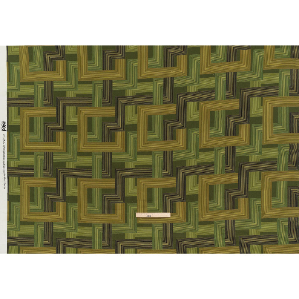 Linen and Rayon Woven - Olive and Hunter Green Geometric Lines - Hedge Maze Print - Mood Exclusive Acadia Collection - Full Linen and Rayon Woven - Olive and Hunter Green Geometric Lines - Hedge Maze Print - Mood Exclusive Acadia Collection - Full