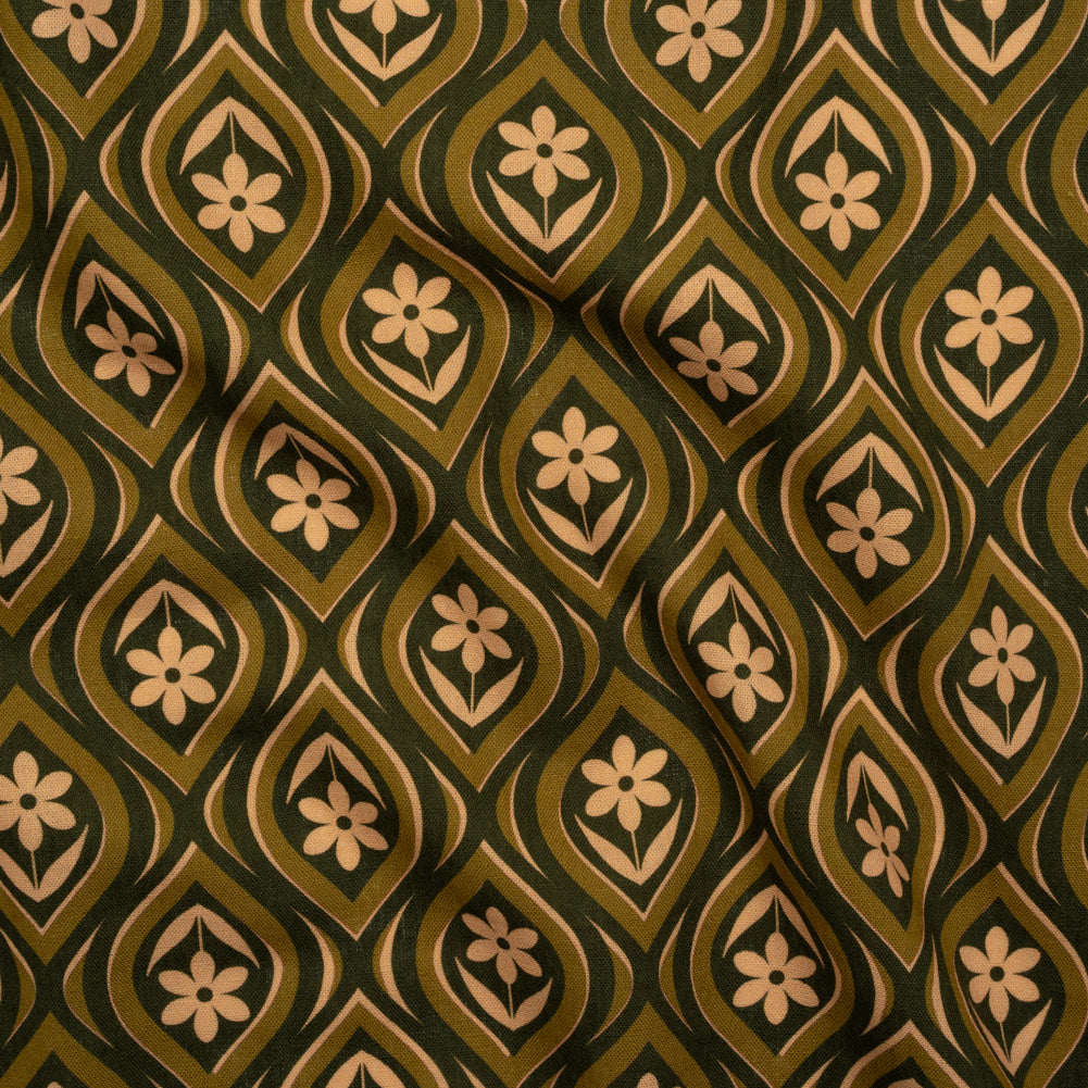 Linen and Rayon Woven - Olive, Hunter Green, and Beige Floral Ogees - Woodland Blooms Print - Mood Exclusive Acadia Collection Linen and Rayon Woven - Olive, Hunter Green, and Beige Floral Ogees - Woodland Blooms Print - Mood Exclusive Acadia Collection