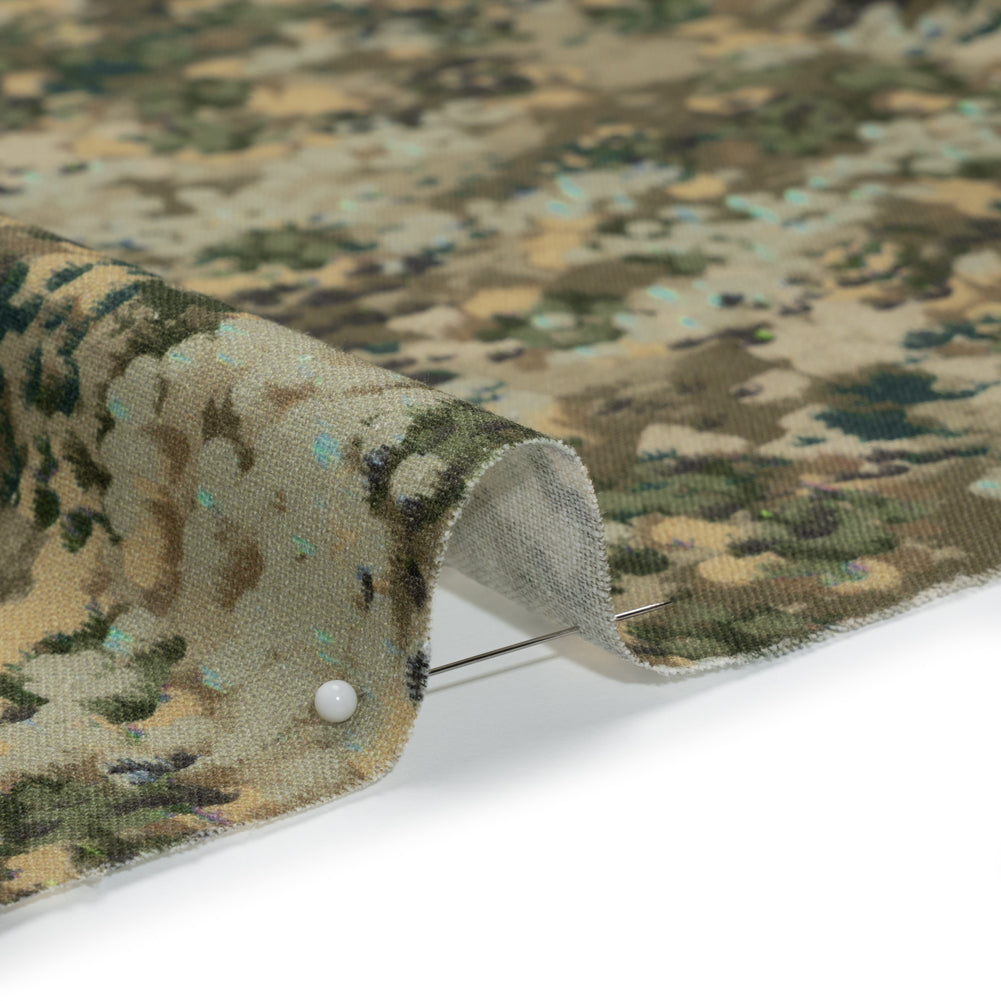 Linen and Rayon Woven - Olive, Green and Beige Abstract Dots - Forest Lookout Print - Mood Exclusive Acadia Collection - Detail Linen and Rayon Woven - Olive, Green and Beige Abstract Dots - Forest Lookout Print - Mood Exclusive Acadia Collection - Detail