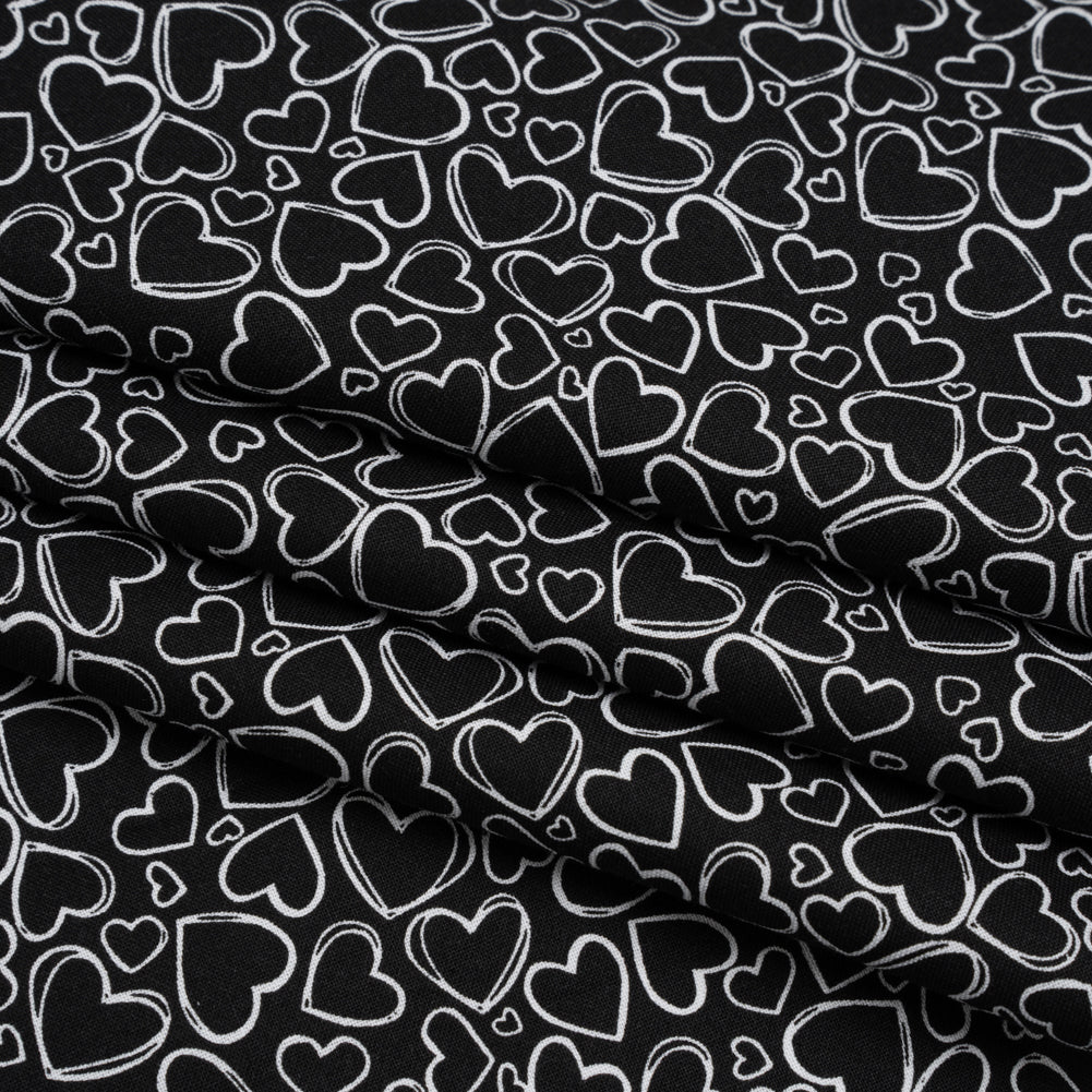 Printed Quilting Cotton by Patrick Lose for Northcott - White on Black Doodle Hearts - Basically Black & White Collection - Folded Printed Quilting Cotton by Patrick Lose for Northcott - White on Black Doodle Hearts - Basically Black & White Collection - Folded