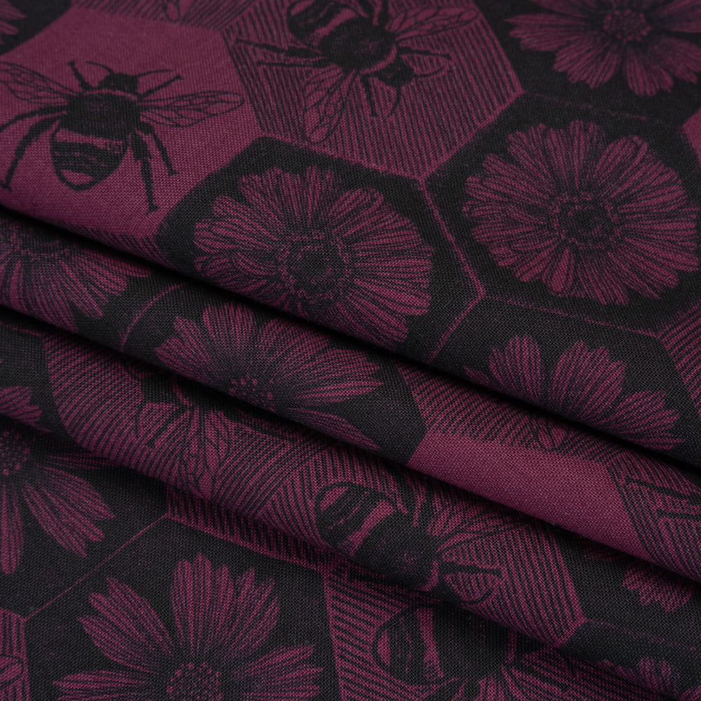 Printed Quilting Cotton by Anna Maria Textiles for Northcott - Mulberry Busy Bees and Floral Honeycomb - Indelible Ink Collection - Folded Printed Quilting Cotton by Anna Maria Textiles for Northcott - Mulberry Busy Bees and Floral Honeycomb - Indelible Ink Collection - Folded