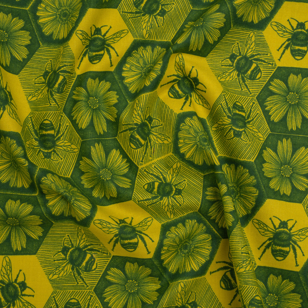 Printed Quilting Cotton by Anna Maria Textiles for Northcott - Citrus Busy Bees and Floral Honeycomb - Indelible Ink Collection Printed Quilting Cotton by Anna Maria Textiles for Northcott - Citrus Busy Bees and Floral Honeycomb - Indelible Ink Collection