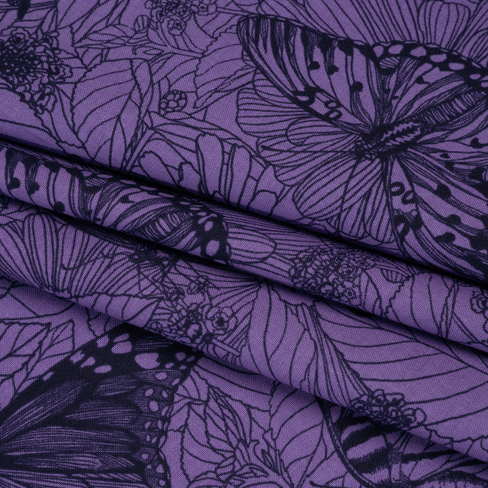 Printed Quilting Cotton by Anna Maria Textiles for Northcott - Blueberry Winging It Butterflies and Flowers - Indelible Ink Collection - Folded Printed Quilting Cotton by Anna Maria Textiles for Northcott - Blueberry Winging It Butterflies and Flowers - Indelible Ink Collection - Folded
