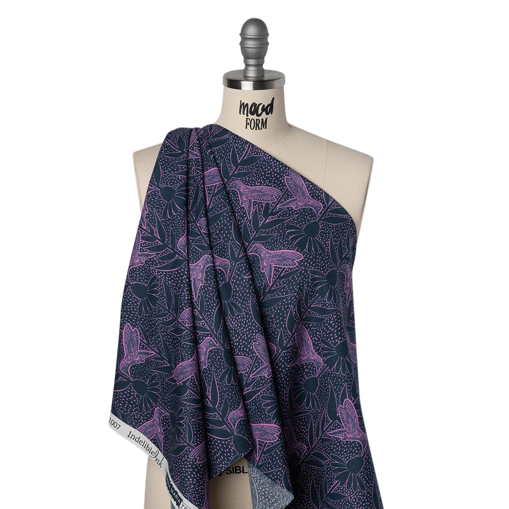 Printed Quilting Cotton by Anna Maria Textiles for Northcott - Navy Hummingbirds and Coneflowers - Indelible Ink Collection - Drape Printed Quilting Cotton by Anna Maria Textiles for Northcott - Navy Hummingbirds and Coneflowers - Indelible Ink Collection - Drape