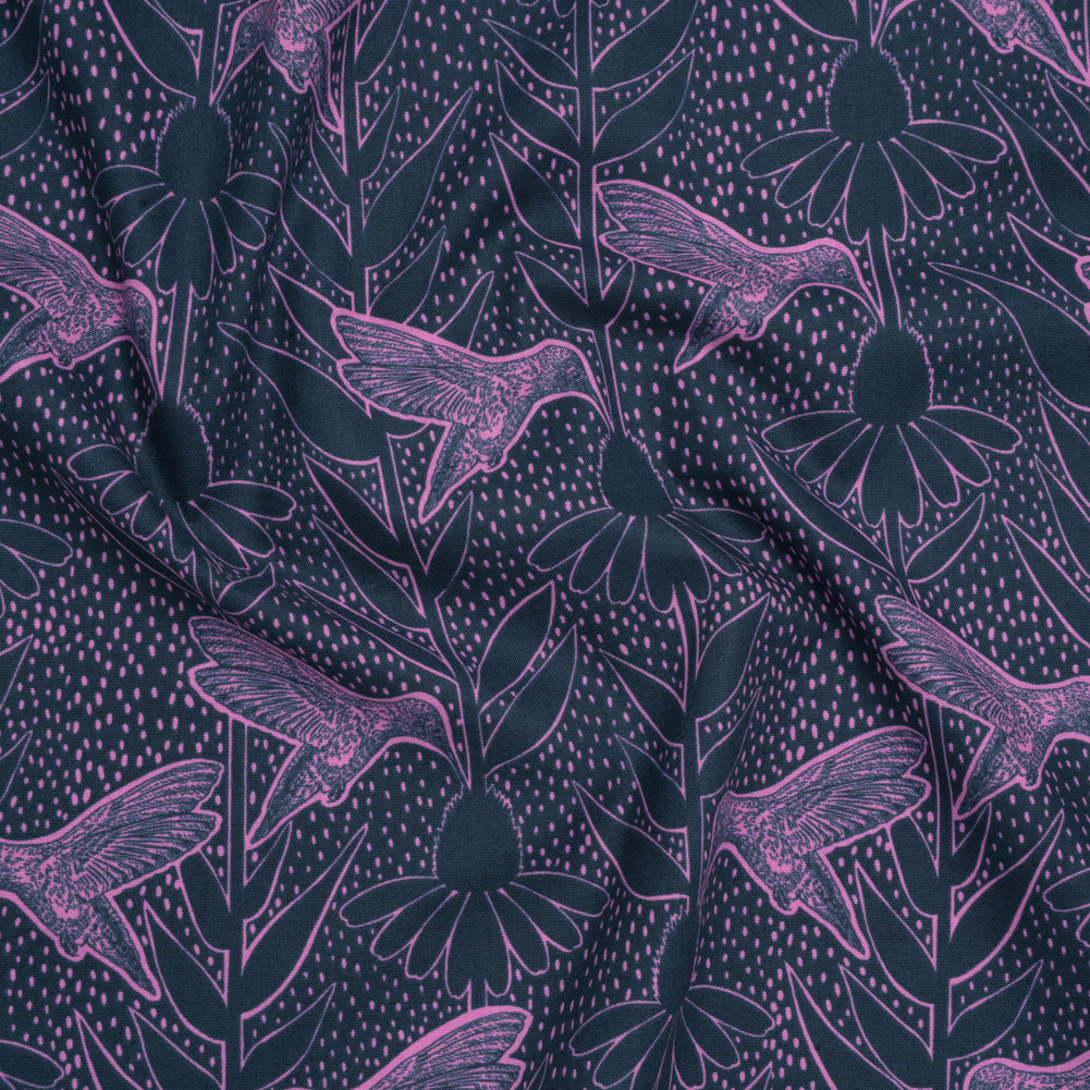 Printed Quilting Cotton by Anna Maria Textiles for Northcott - Navy Hummingbirds and Coneflowers - Indelible Ink Collection Printed Quilting Cotton by Anna Maria Textiles for Northcott - Navy Hummingbirds and Coneflowers - Indelible Ink Collection