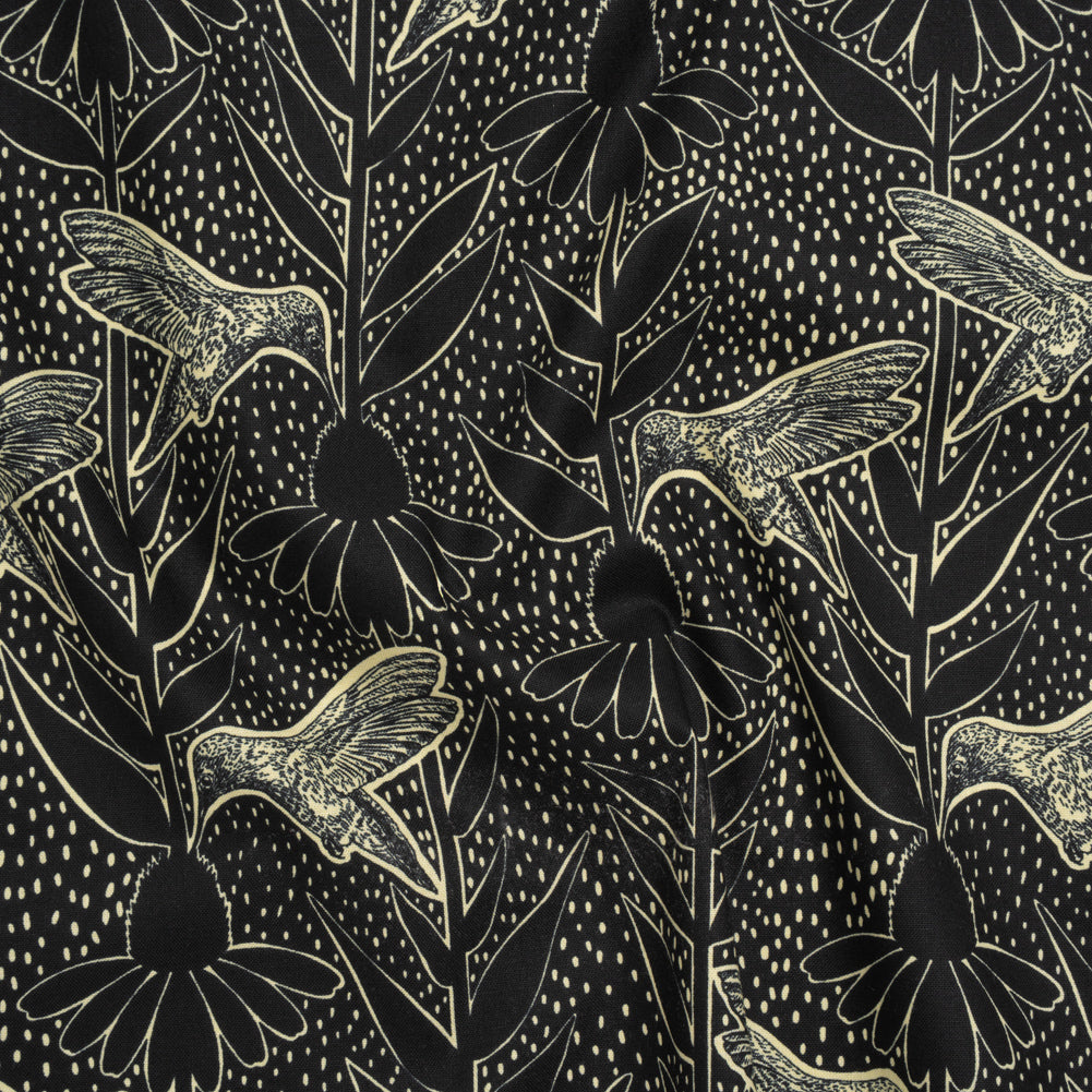 Printed Quilting Cotton by Anna Maria Textiles for Northcott - Black Hummingbirds and Coneflowers - Indelible Ink Collection Printed Quilting Cotton by Anna Maria Textiles for Northcott - Black Hummingbirds and Coneflowers - Indelible Ink Collection