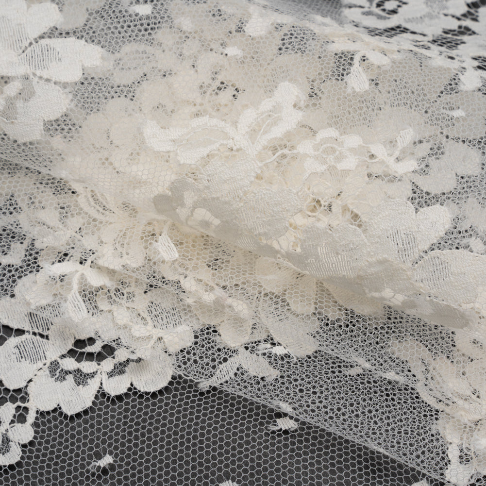 French Cotton Blend Leavers Lace with Finished Scalloped Edges - Greige Classic Floral - Folded French Cotton Blend Leavers Lace with Finished Scalloped Edges - Greige Classic Floral - Folded