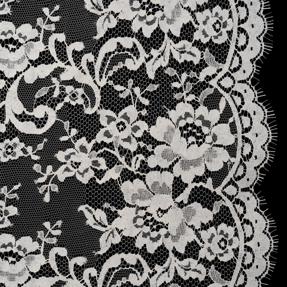 French Cotton Blend Leavers Lace with Finished Scalloped Edges - Greige Classic Floral French Cotton Blend Leavers Lace with Finished Scalloped Edges - Greige Classic Floral