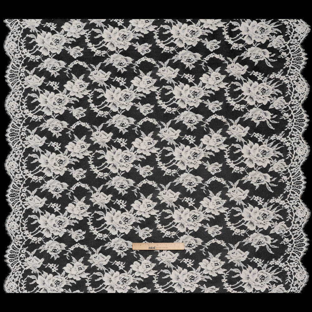French Cotton Blend Leavers Lace with Finished Scalloped Edges by Solstiss - Greige Sweet Roses - Full French Cotton Blend Leavers Lace with Finished Scalloped Edges by Solstiss - Greige Sweet Roses - Full