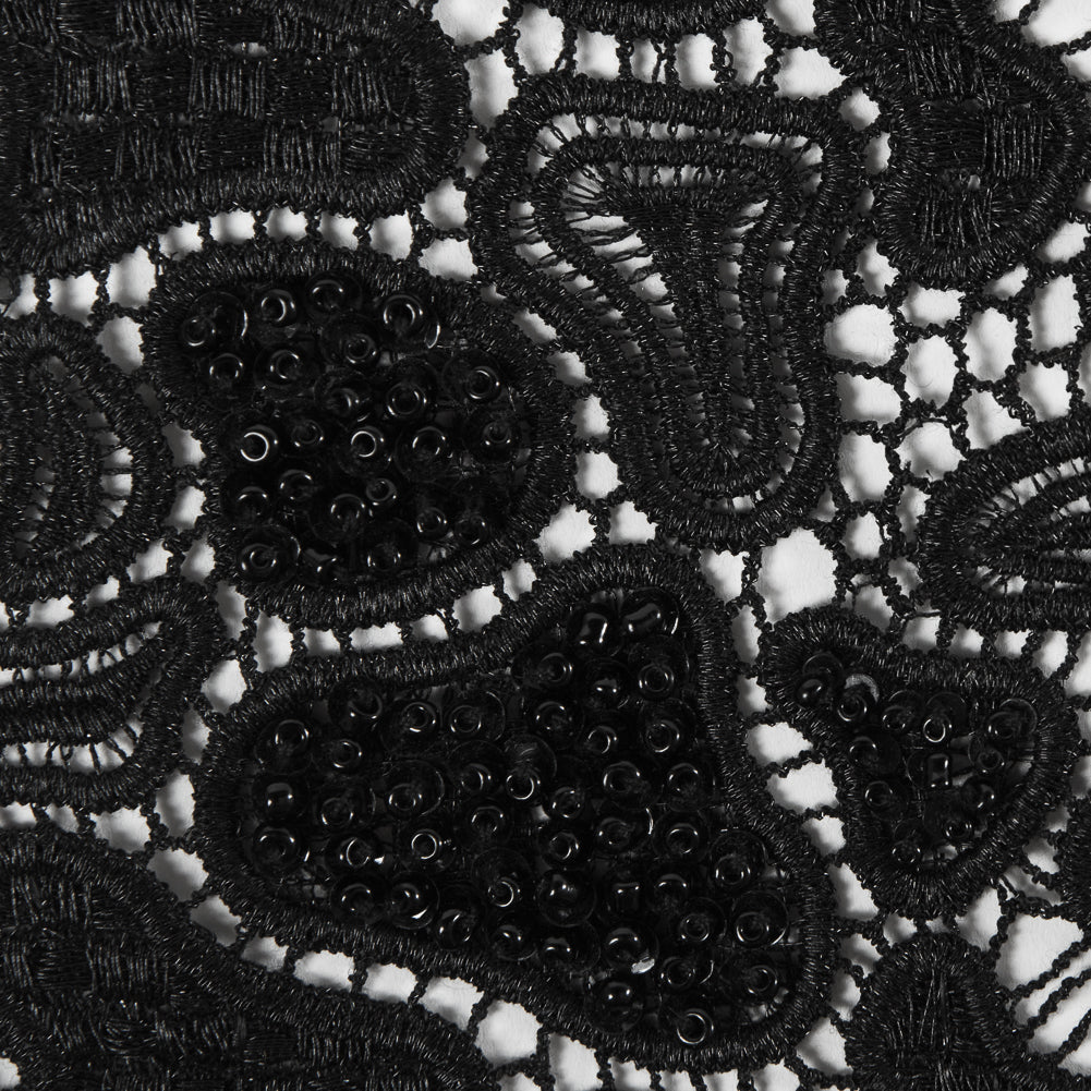 Black Fancy Beaded Guipure Lace - Detail