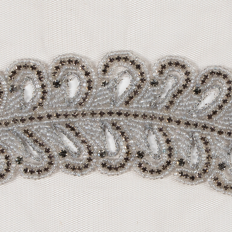Gray Fancy Beaded Rhinestone Trim - 2" Detail