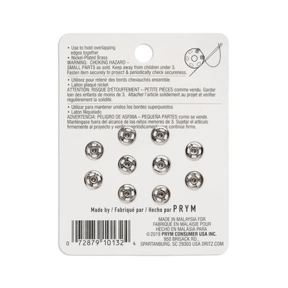 Dritz Sew On Snaps - Nickel, Size 1/0 - 10ct