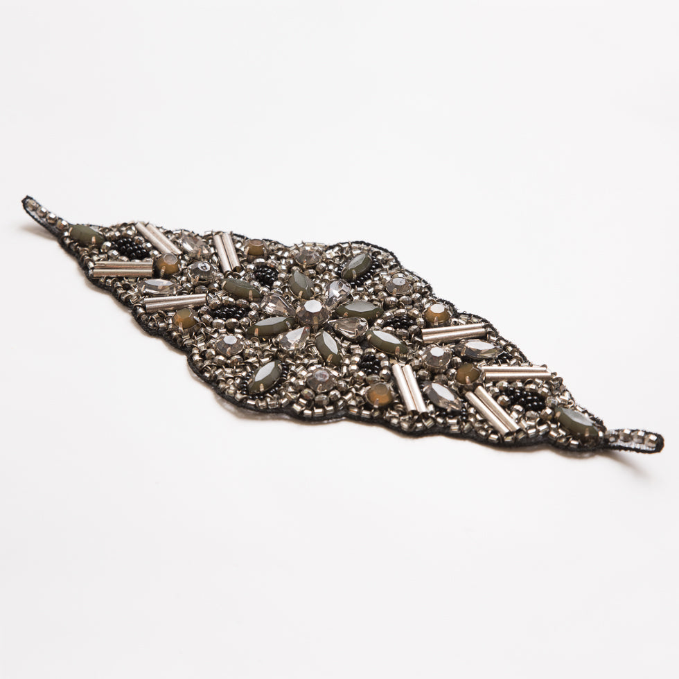 Silver and Green Beaded Rhinestone Applique - 9 - Detail