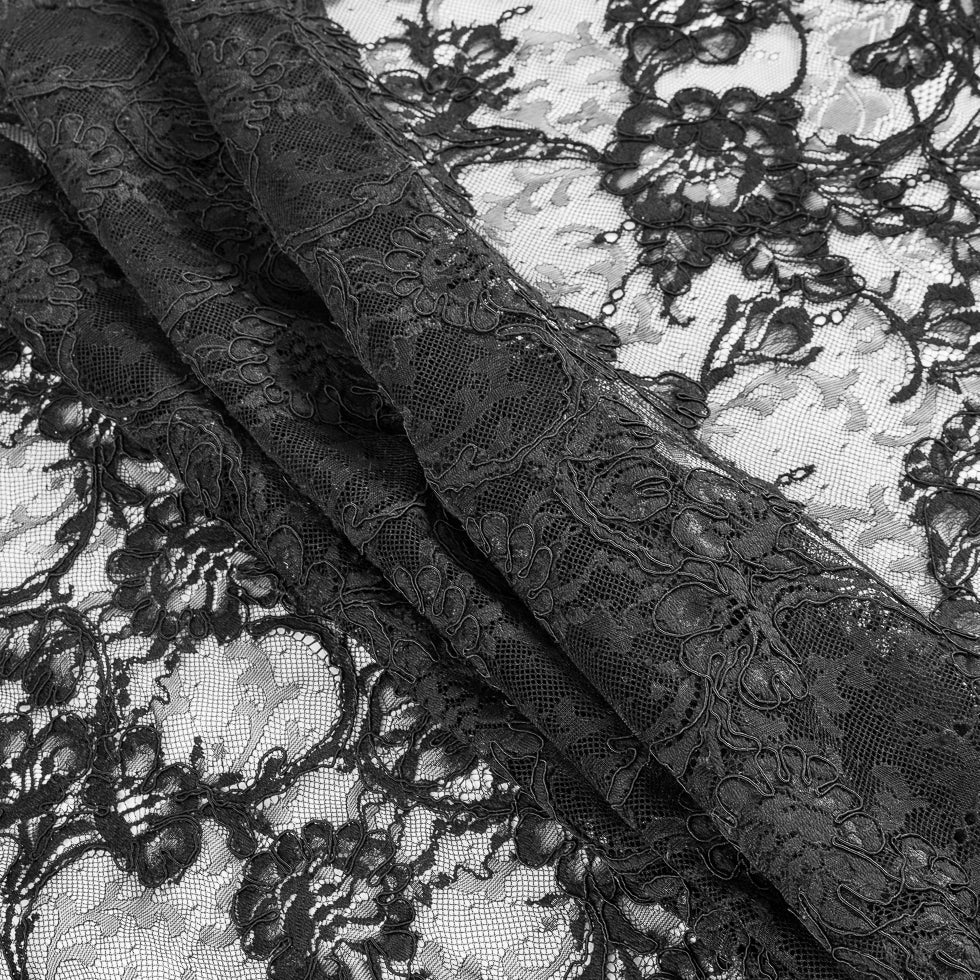 Black Floral Corded Lace - Folded