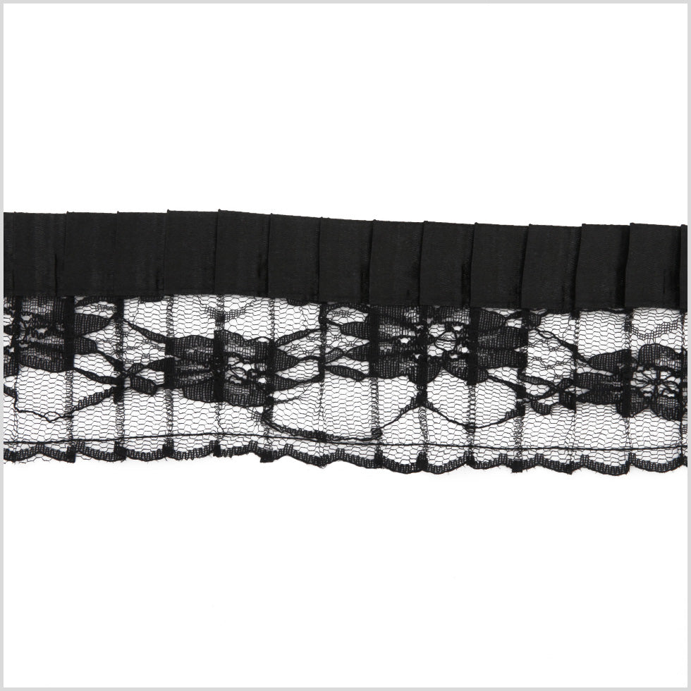 2.5" Black Pleaded Lace with Satin Edge