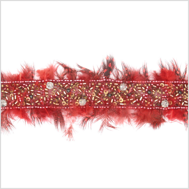 0.875 Red Beaded Feather and Rhinestone Trim
