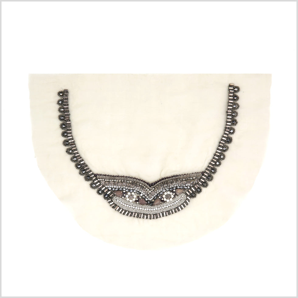 Gunmetal/Silver Rhinestone Neck Applique on Green Organza