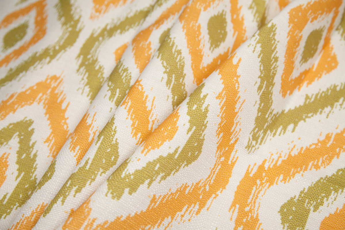 Spanish Green/Orange Ikat-Like Geometric Poly/Cotton Canvas - Folded