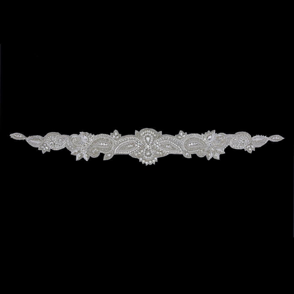 Silver/White Beaded Rhinestone Neck Applique
