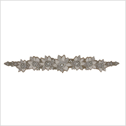 Silver/Ivory/Dark Beige Beaded Rhinestone Applique