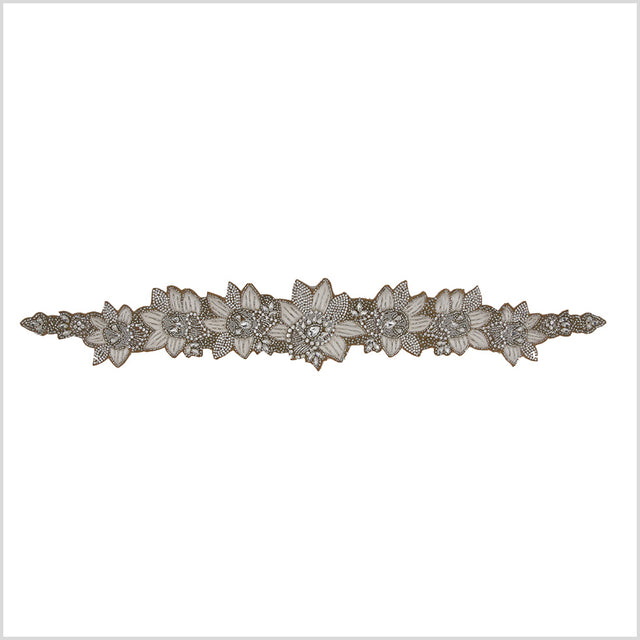 Silver/Ivory/Dark Beige Beaded Rhinestone Applique